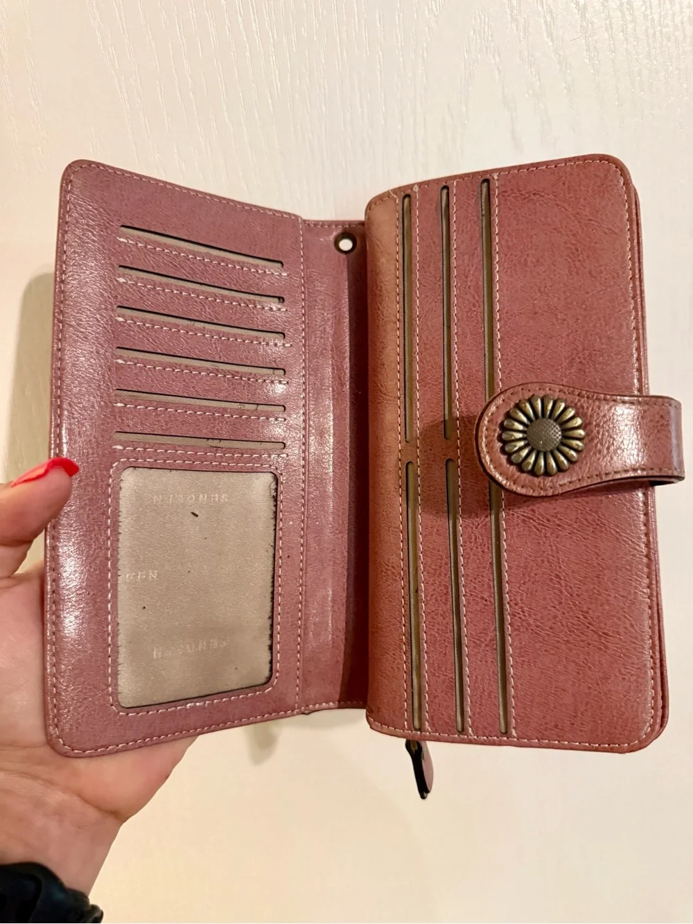 Rose Pink Faux Leather Wallet Clutch with Decorative Button